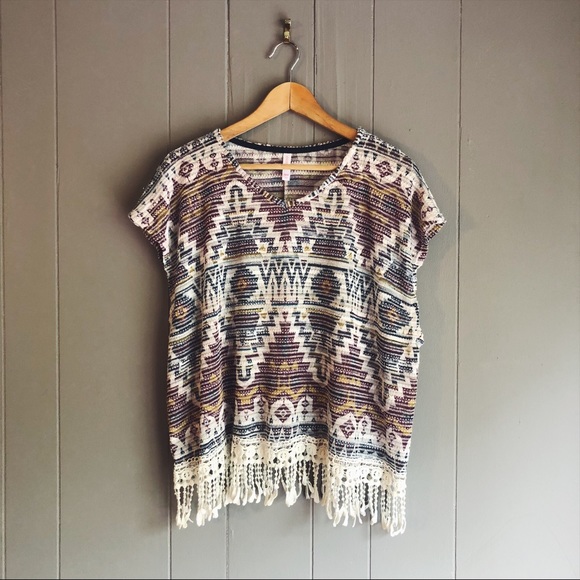 Xhilaration Tops - Tribal print Boho Fringe Poncho Top